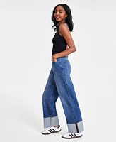 Tinseltown Juniors' Cotton High-Rise Wide-Leg Cuffed Jeans