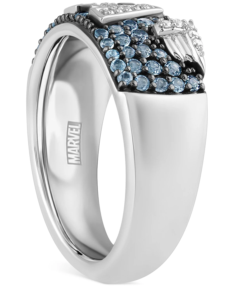 Wonder Fine Jewelry Men's Swiss Blue Topaz (3/4 ct. t.w.) & Diamond (1/10 ct. t.w.) Captain America Ring in Sterling Silver