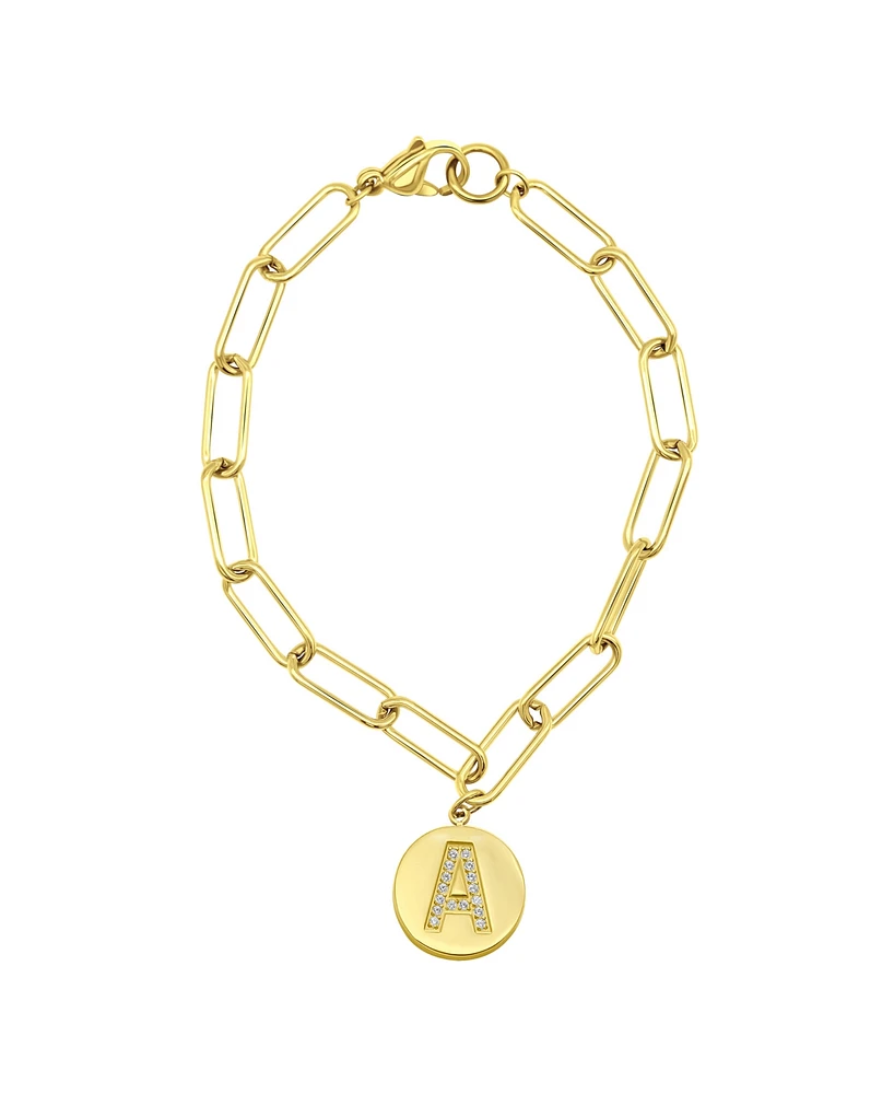 Adornia Tarnish Resistant 14K Gold-Plated Pave Crystal Initial Disc Paperclip Bracelet - Gold