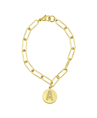 Adornia Tarnish Resistant 14K Gold-Plated Pave Crystal Initial Disc Paperclip Bracelet - Gold