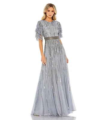 Mac Duggal Women's Embellished Full Length Layered Sleeve Gown