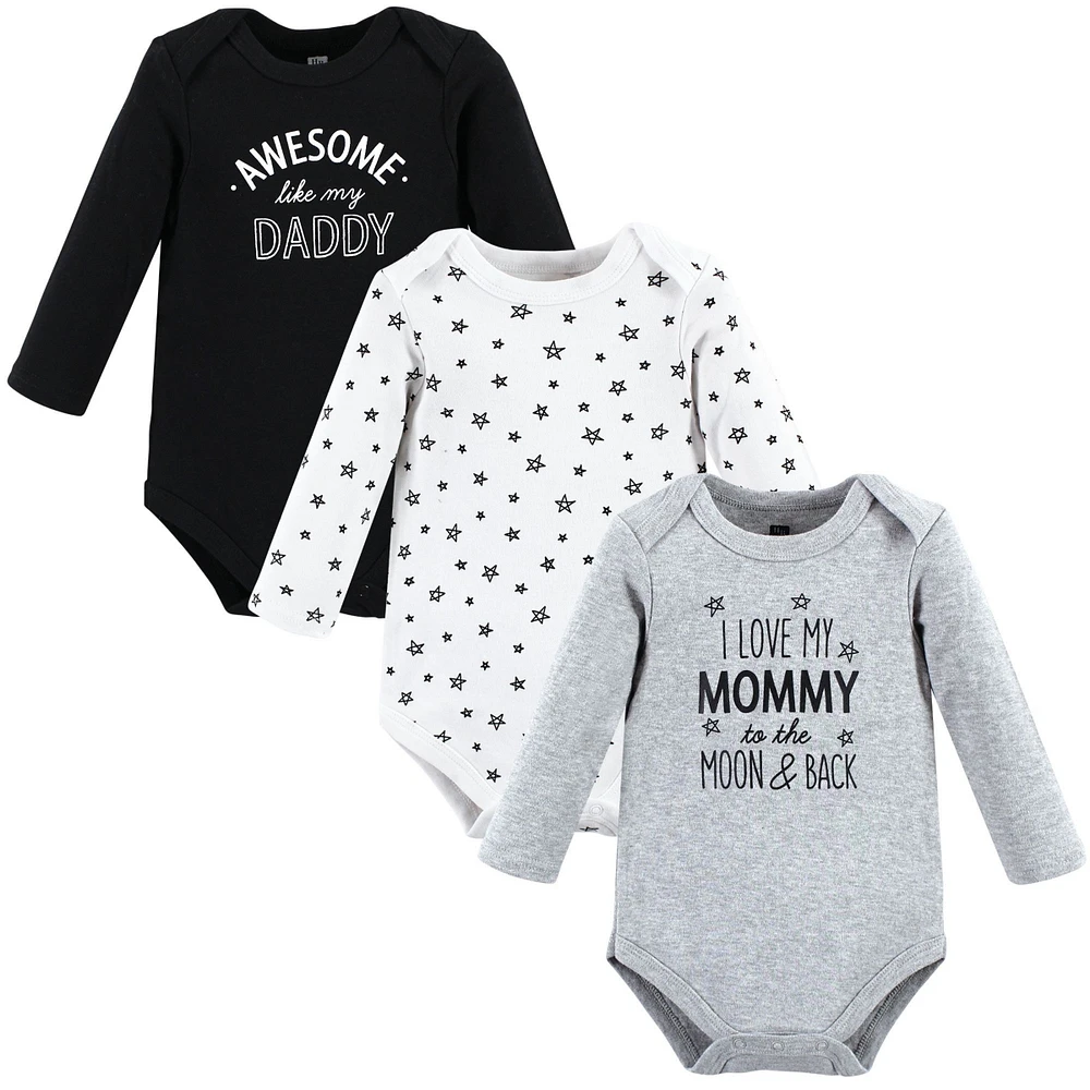 Hudson Baby Baby Boys Cotton Long-Sleeve Bodysuits, Mom Dad Moon Back, 3-Pack