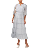 1.state Women's Printed Pintuck 3/4-Sleeve Tiered Maxi Dress