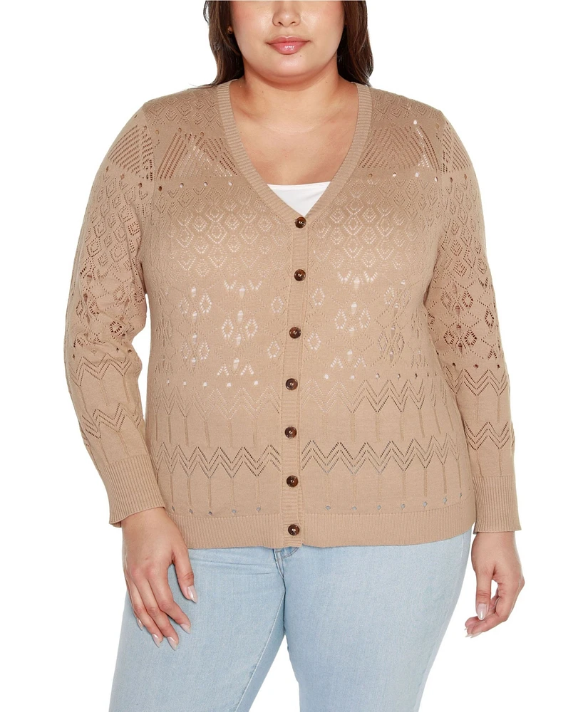 Belldini Black Label Plus Size Pointelle Button Front Cardigan Sweater