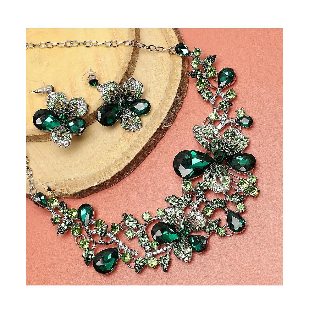 Sohi Women's Green Teardrop Flora Jewelry Set