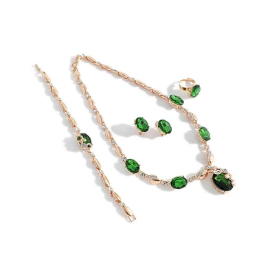 Sohi Women's Green Contrast Stone Necklace, Earrings, Bracelet And Ring (Set Of 4)