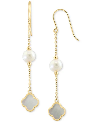 Effy Freshwater Pearl & Mother-of-Pearl Clover Linear Drop Earrings in 14k Gold