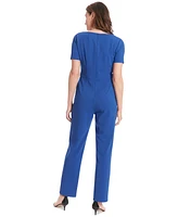 London Times Petite Short-Sleeve Bow-Neck Jumpsuit