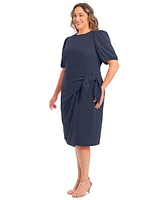 London Times Plus Puff-Sleeve Tie-Waist Dress