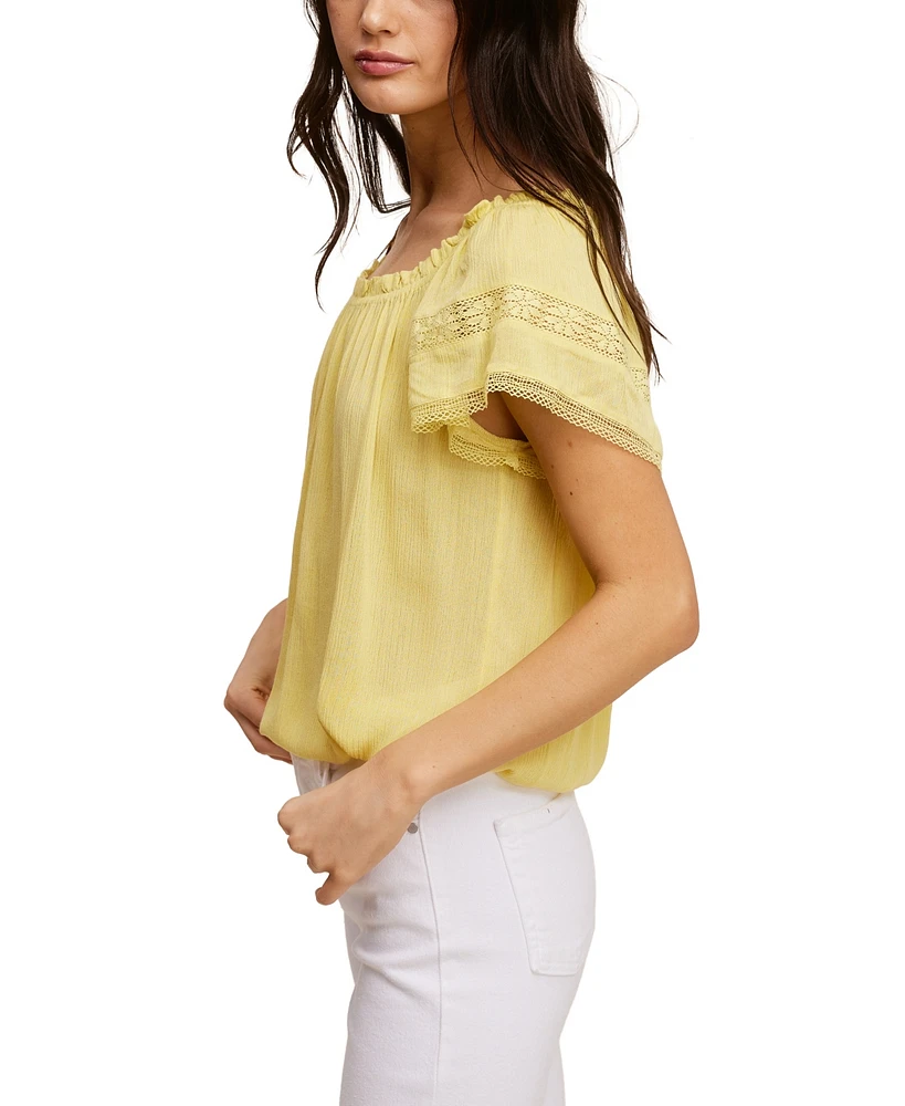 John Paul Richard Solid Peasant Top with Lace Trim Sleeve