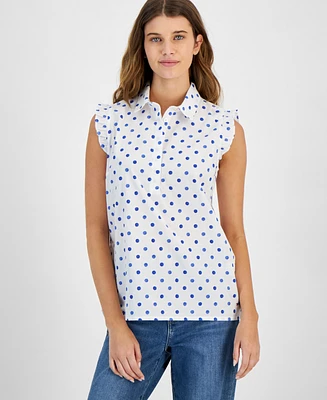 Tommy Hilfiger Women's Cotton Dot-Print Ruffled-Trim Top