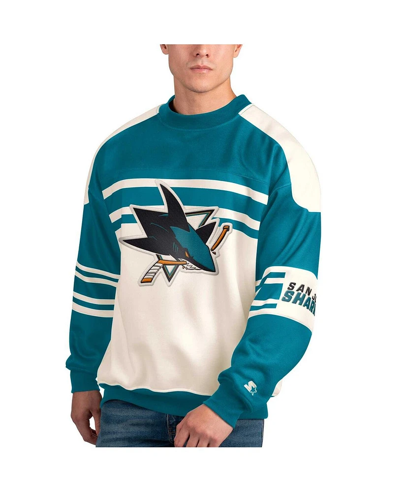 Men's Starter White San Jose Sharks Defense Fleece Crewneck Pullover Sweatshirt