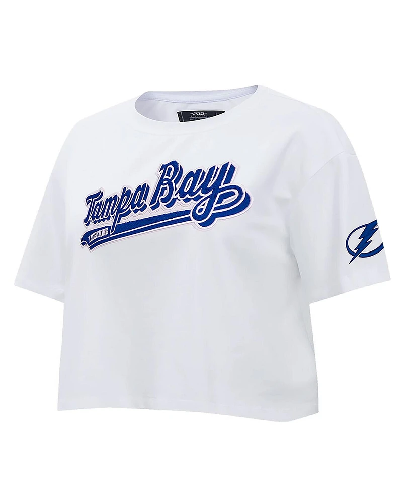 Women's Pro Standard White Tampa Bay Lightning Boxy Script Tail Cropped T-shirt