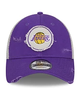 Men's New Era Purple Distressed Los Angeles Lakers Rally Drive Distressed Patch 9TWENTY Trucker Adjustable Hat