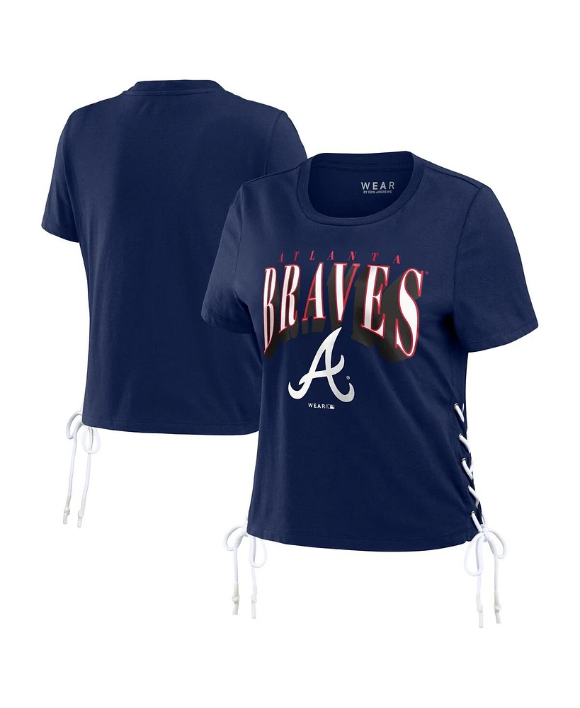 Women's Wear by Erin Andrews Navy Atlanta Braves Side Lace-Up Cropped T-shirt