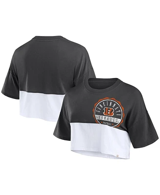 Women's Fanatics Black, White Cincinnati Bengals Boxy Color Split Cropped T-shirt