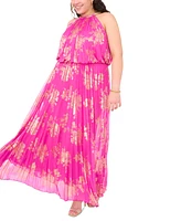 Msk Plus Size Pleated Printed Chiffon Halter Dress