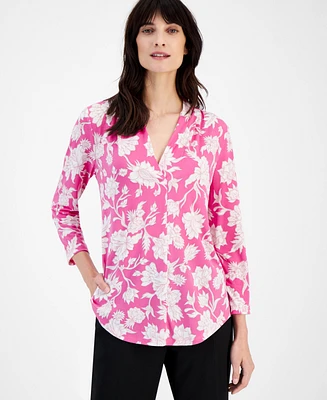 Jm Collection Women's Floral-Print 3/4-Sleeve V-Neck Top, Created for Macy's