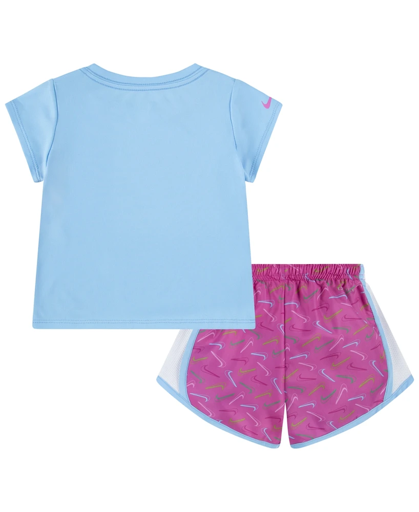 Nike Toddler Girls Dri-fit Swoosh Logo Short Sleeve Tee and Printed Shorts Set