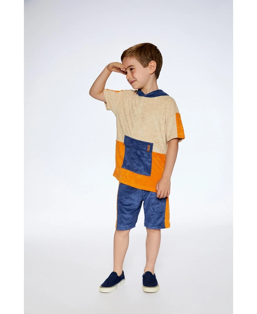 Deux par Deux Toddler Boys Terry Cloth Hooded Top And Short Set Navy And Beige