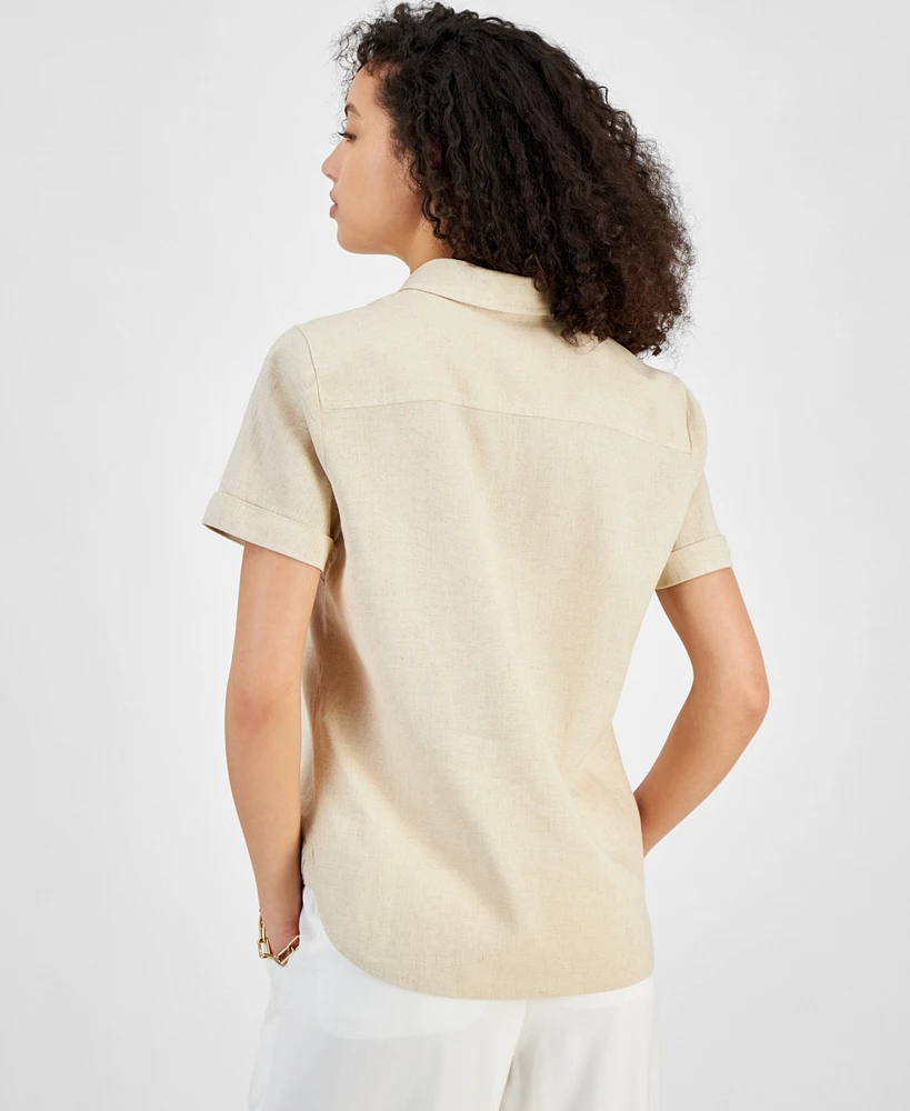 Tommy Hilfiger Women's Linen-Blend Short-Sleeve Button-Front Shirt