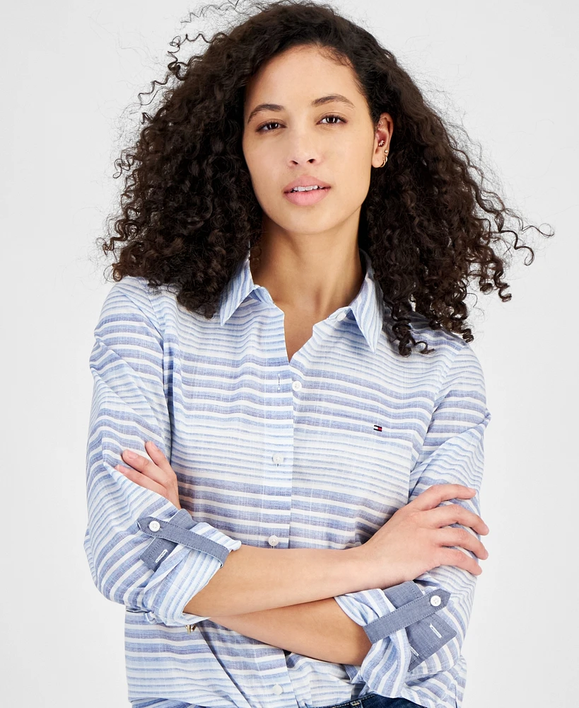 Tommy Hilfiger Women's Beach Stripe Cotton Roll-Tab Shirt