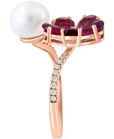 Effy Freshwater Pearl (8mm), Pink Tourmaline (5-1/2 ct. t.w.) & Diamond (1/8 ct. t.w.) Flower Bypass Ring in 14k Rose Gold