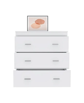Simplie Fun Three Drawer Dresser Whysk, Superior Top, Handles, White Finish