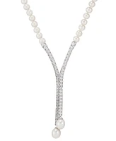 Arabella Cultured Freshwater Pearl (5mm & 10 x 8mm) & Cubic Zirconia Lariat Necklace in Sterling Silver, Created for Macy's