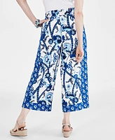 Style & Co Petite Printed Linen Pull On Cropped Drawstring Pants, Created for Macy's