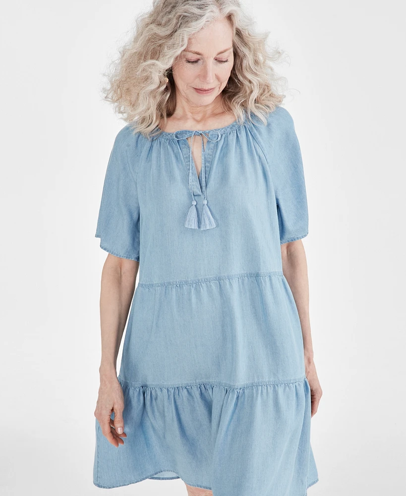 Style & Co Women's Chambray Split-Neck Tiered Dress, Created for Macy's
