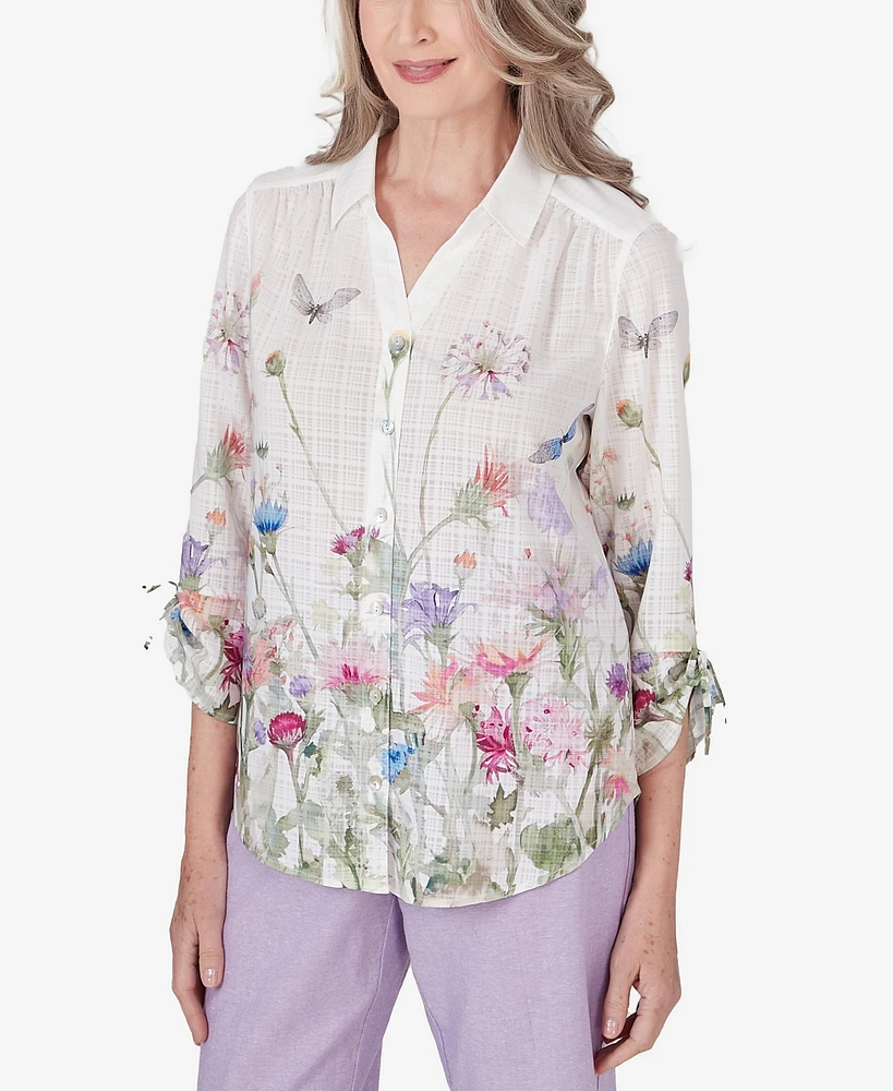 Alfred Dunner Petite Garden Party Watercolor Floral Button Down Blouse