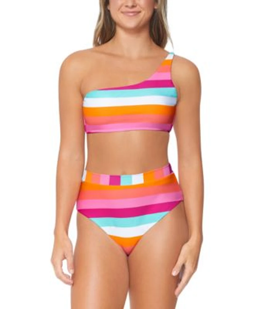 Raisins Juniors Shine On Striped Asymmetric Bikini Top High Waisted Bottoms