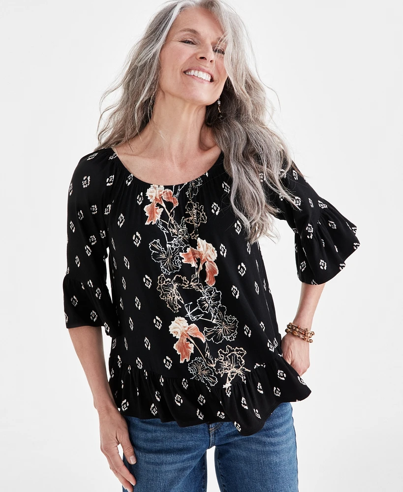 Style & Co Women's Printed 3/4-Sleeve On-Off Top, Created for Macy's