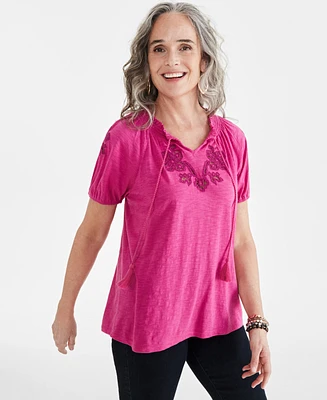 Style & Co Petite Sandy Embroidery Vacay Top, Created for Macy's
