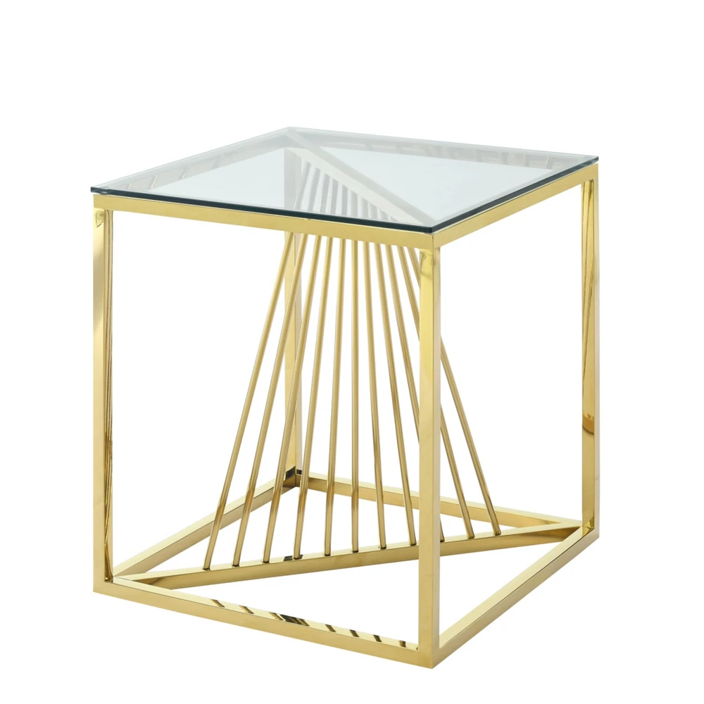 Simplie Fun Modern Glass End Table with Geodesic Metal Frame - Gold