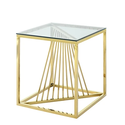 Simplie Fun Modern Glass End Table with Geodesic Metal Frame - Gold
