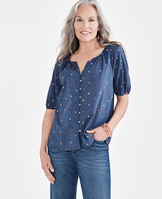 Style & Co Women's Cotton Voile Embroidered Top, Created for Macy's
