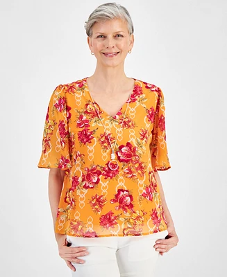 Jm Collection Petite Floral-Print Flutter-Sleeve Necklace Top, Created for Macy's