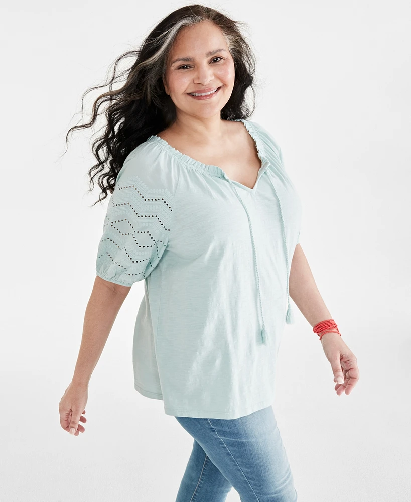 Style & Co Plus Eyelet Puff-Sleeve Split-Neck Cotton Top, Created for Macy's