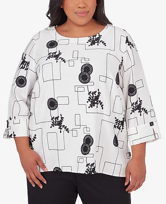 Alfred Dunner Plus Opposites Attract Black White Geometric Top