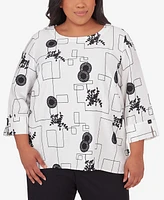 Alfred Dunner Plus Opposites Attract Black White Geometric Top