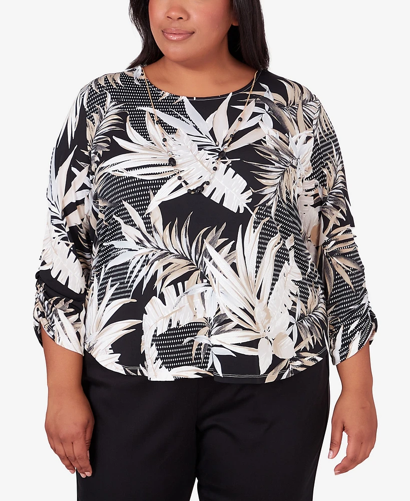 Alfred Dunner Plus Opposites Attract Printed Leaves Top with Necklace