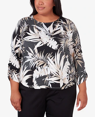 Alfred Dunner Plus Opposites Attract Printed Leaves Top with Necklace