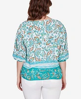 Ruby Rd. Petite Floral Breeze Puff Sleeve Border Top