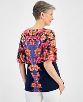 Jm Collection Women's Short-Sleeve Printed Ruffled-Cuff Top, Created for Macy's