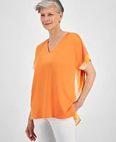 Jm Collection Women's Mixed-Media Short Sleeve Top, Created for Macy's