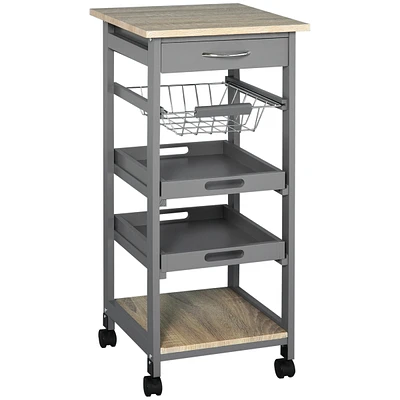 Simplie Fun Mobile Rolling Kitchen Island Trolley Serving Cart With Underneath Drawer & Slide-Out Wire Storage Basket, Grey