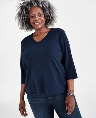 Style & Co Plus Cotton V-Neck 3/4-Sleeve Top, Created for Macy's