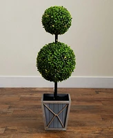 Nearly Natural 3ft. Uv Resistant Artificial Double Ball Boxwood Topiary with Led Lights in Decorative Planter Indoor/Outdoor